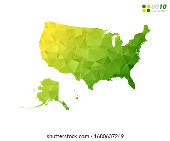 Vector United States of America (USA) map green and yellow polygon triangle mosaic with white background. style gradient.