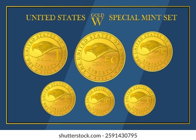 Vector united states special mint set of gold coins or tokens with denomination cent, five, ten, 25, 50 and dollar. Reverse. 2025. Collection golden medals.