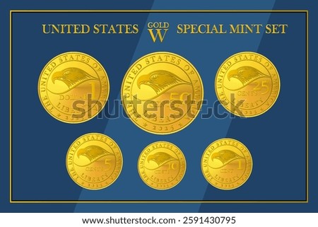 Vector united states special mint set of gold coins or tokens with denomination cent, five, ten, 25, 50 and dollar. Reverse. 2025. Collection golden medals.