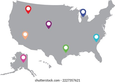 Vector United States (USA) map with pointers isolated