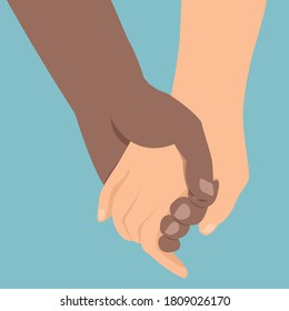 Vector unity concept. Hands with different skin colors holding each other. Simple flat style