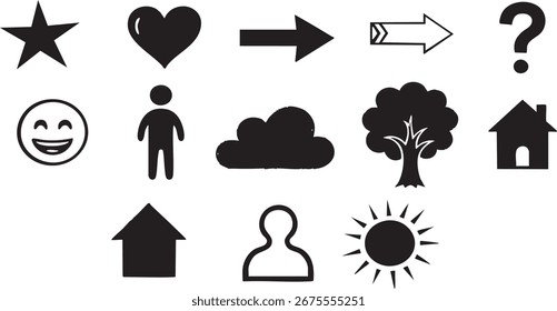 Vector Universal Essential Black Vector Icon Set for Web and UI Design: Star, Heart, Arrows, Nature, People, Home and More Basic Symbols