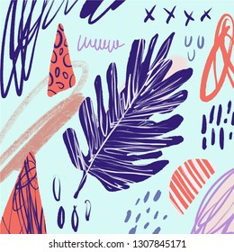 Vector universal floral banner or header, tropical leaves. Modern art. Hand drawn brush textures. Good for web, poscards, posters, invitations, brochures templates and covers