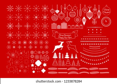 Vector universal mega collection of Christmas vector patterns shapes ornaments design elements for winter holiday design. Linear ornate flat elements, editable strokes. Merry Christmas Happy New year