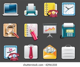 Ícones quadrados universais vetoriais. Parte 9. Empresa e escritório (fundo cinza)