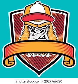 vector university shield monkey with cap and blue background