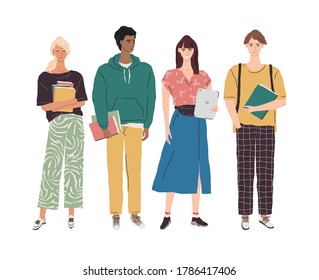 Vector university student character illustration. Multiethnic education team concept. College boys and girls learning together. Group of multicultural young people with books and gadgets
