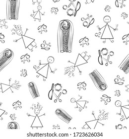 Vector Unkempt Hair And Beard Figures Covid 19 Vector Seamless Pattern. Funny Stick Men And Women Drawing With Outgrown Styles Due To Self Isolation. Backdrop Design For Self Care Quarantine Concept.