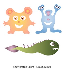 Vector unknown alien creatures isolated on white. Animals and monsters in cartoon style. Look like mouse, fish, bacteria