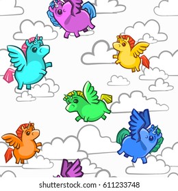 Vector unmoving unicorn pattern flying in the sky with clouds. Children's pattern with flying pegasus