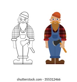 Vector unpainted and colored lumberjack, woodcutter. Game, coloring book page for children
