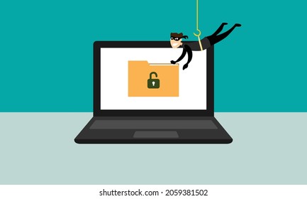 Vector Of An Unprotected File On A Laptop Being Stolen By A Robber Wearing Black. Illustration Shows The Concept Of Computer And Internet Safety.