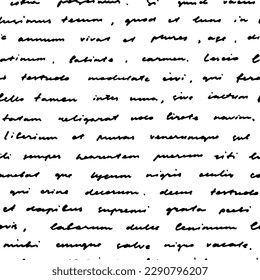 Vector unreadable text seamless pattern. Handwritten poetry notes with cursive small letters. Vector black cursive unreadable text. Abstract writing black and white background.