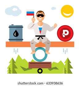 Vector Unstable Russian Economy. Balance Of Oil And The Ruble. Humor Concept. Flat Style Colorful Cartoon Illustration.