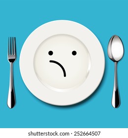 Vector of unsure face draw on white plate with spoon and fork on blue background.