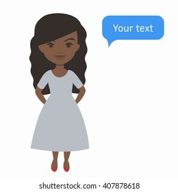 Vector unusual beautiful girl and blue dialog box with text message on white background