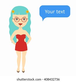 Vector unusual beautiful girl and blue dialog box with text message on white background