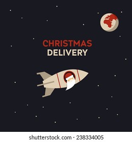 Vector unusual christmas card with santa  on rocket  in space. The Christmas delivery.