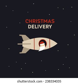 Vector unusual christmas card with santa on rocket  in space. The Christmas delivery.