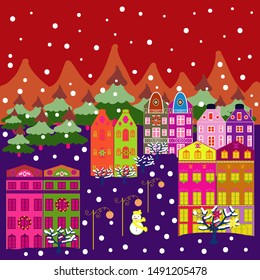 Vector. Unusual christmas illustration postcard. Amazing Decorated house decorated at christmas of christmas violet, orange and red colors in magical forest and hills.