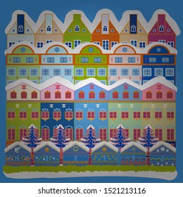 Vector. Unusual christmas illustration postcard. Amazing Decorated house decorated at christmas of christmas blue, neutral and white colors in magical forest and hills.
