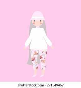 Vector unusual colorful fashion illustration of girl in Shabby chic style  