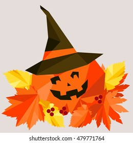 Vector unusual colorful geometric halloween card with leaves and  pumpkin in hat.