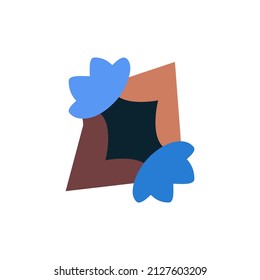 Elemento vectorial inusual de diseño o logotipo en fondo blanco. Dos flores azules en jarrón