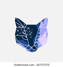 Vector unusual geometric illustration with space cat of triangles  in origami style 