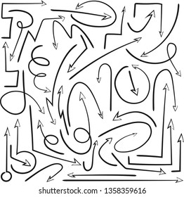 Vector unusual hand draw arrows set. Isolated on white background. Included are simple arrows of different directions. Vector Eps 10
