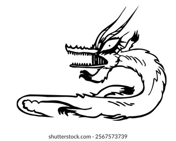 Vector unusual monster that looks like a dragon. Line art of fantasy character. Black stylish tattoo on white background