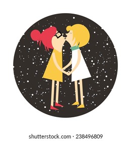 Vector unusual romantic card with couple of lesbian girls in love on black round background 