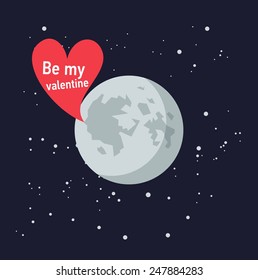 Vector unusual romantic card with heart and moon on space star dark background. Be my valentine.