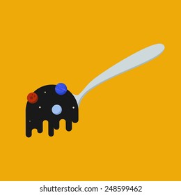 Vector unusual space color illustration with spoon with planet and star of solar system's . Yummy cosmic food.