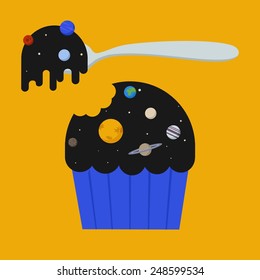 Vector unusual space color illustration with muffin with topping of solar system's planet and star and spoon. Yummy cosmic food.