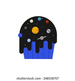 Vector unusual space illustration with blue muffin with topping of solar system. Yummy cosmic food.