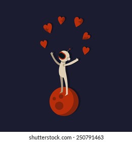 Vector unusual valentine card with space theme. Spaceman on planet with hearts