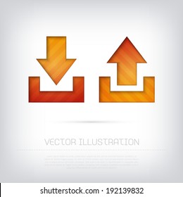 Vector upload and download cut out icons with inner shadow and bright colorful diagonal striped background