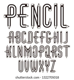 Vector upper case English alphabet letters collection constructed with sharp pencils, office tools design. Can be used in poster design as magazine advertising.