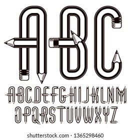Vector upper case English alphabet letters collection constructed with sharp pencils, office tools design. Can be used in poster design as magazine advertising.