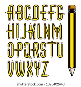 Vector upper case English alphabet letters collection constructed with sharp pencils, office tools design. Can be used in poster design as magazine advertising.