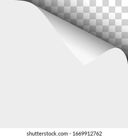 Vector upper right curl of corner of white sheet of paper and transparent background under it.