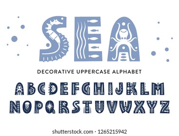 Vector uppercase alphabet decorated with sea patterns.