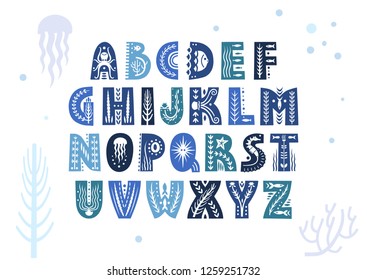 Vector uppercase alphabet decorated with underwater patterns.