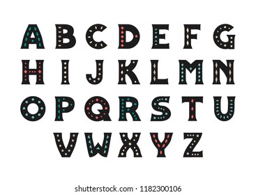 Vektorgrafik-Großbuchstaben, fettgedrucktes Serifenalphabet. Schwarze Buchstaben sind mit geometrischen Mustern verziert.