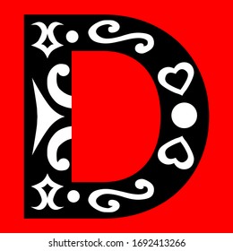 Vector uppercase decorative vintage black white letter "D" on red background