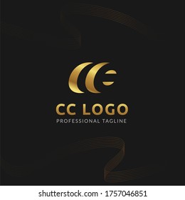 Vector Uppercase Gold Letter CC Negative Space Logo Design Template. 