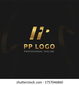 Vector Uppercase Gold Letter PP Negative Space Logo Design Template. 