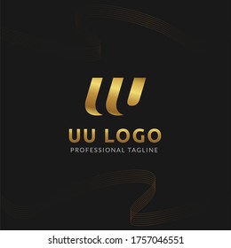 Vector Uppercase Gold Letter UU Negative Space Logo Design Template. 