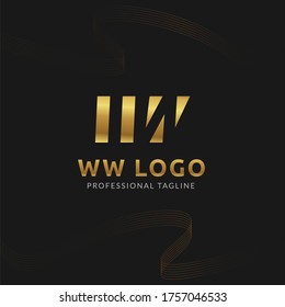 Vector Uppercase Gold Letter WW Negative Space Logo Design Template. 
